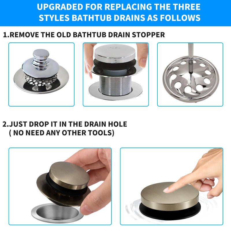 Uxoz Bathtub Drain Stopper  Uxoz Universal Tub Stopper for Replacing Tip Toe/Trip Lever/Lift&Turn Tub Drain  Bath Tub Drain Stoppers Desiged for 1.5"" to1.72 Drain Hole with 3 O-Rings  Brushed Nickel - Image 3